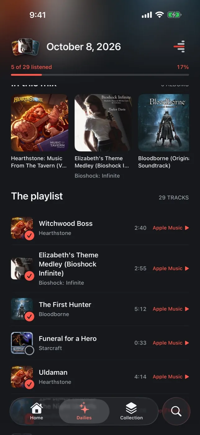 Today’s daily playlist in Motif, scrolled: the pinned header shows 5 of 29 listened, and finished songs are checked off