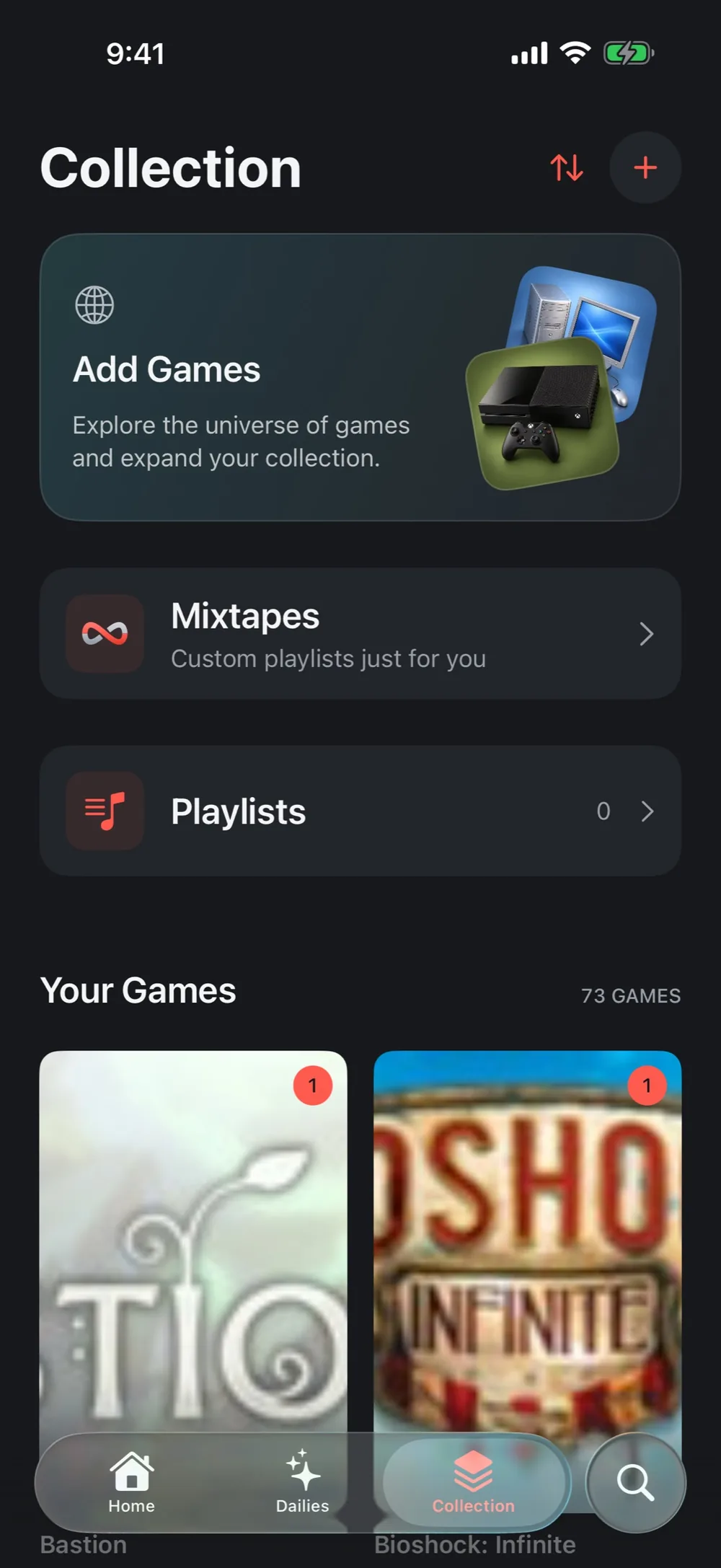 Motif’s Collection: an Add Games card, Mixtapes, Playlists, and your games