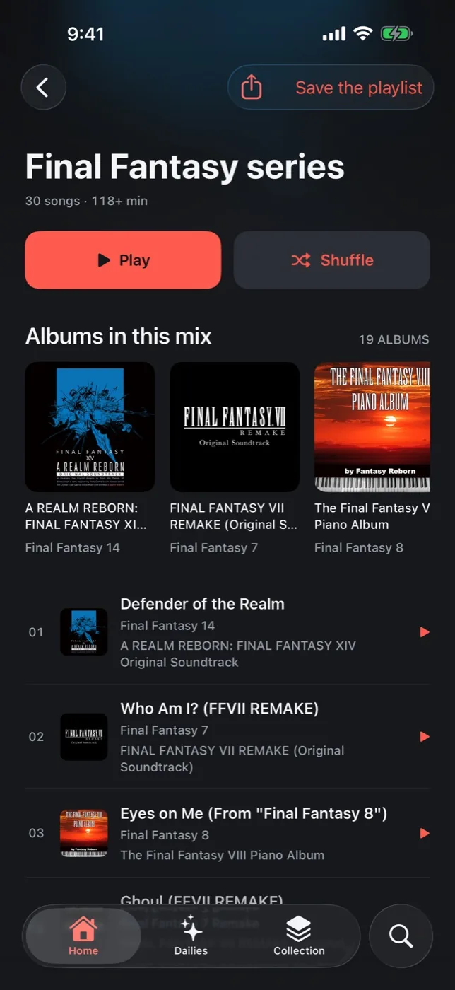 A Final Fantasy series mix in Motif: 30 songs from 19 albums across the series, with Play and Shuffle